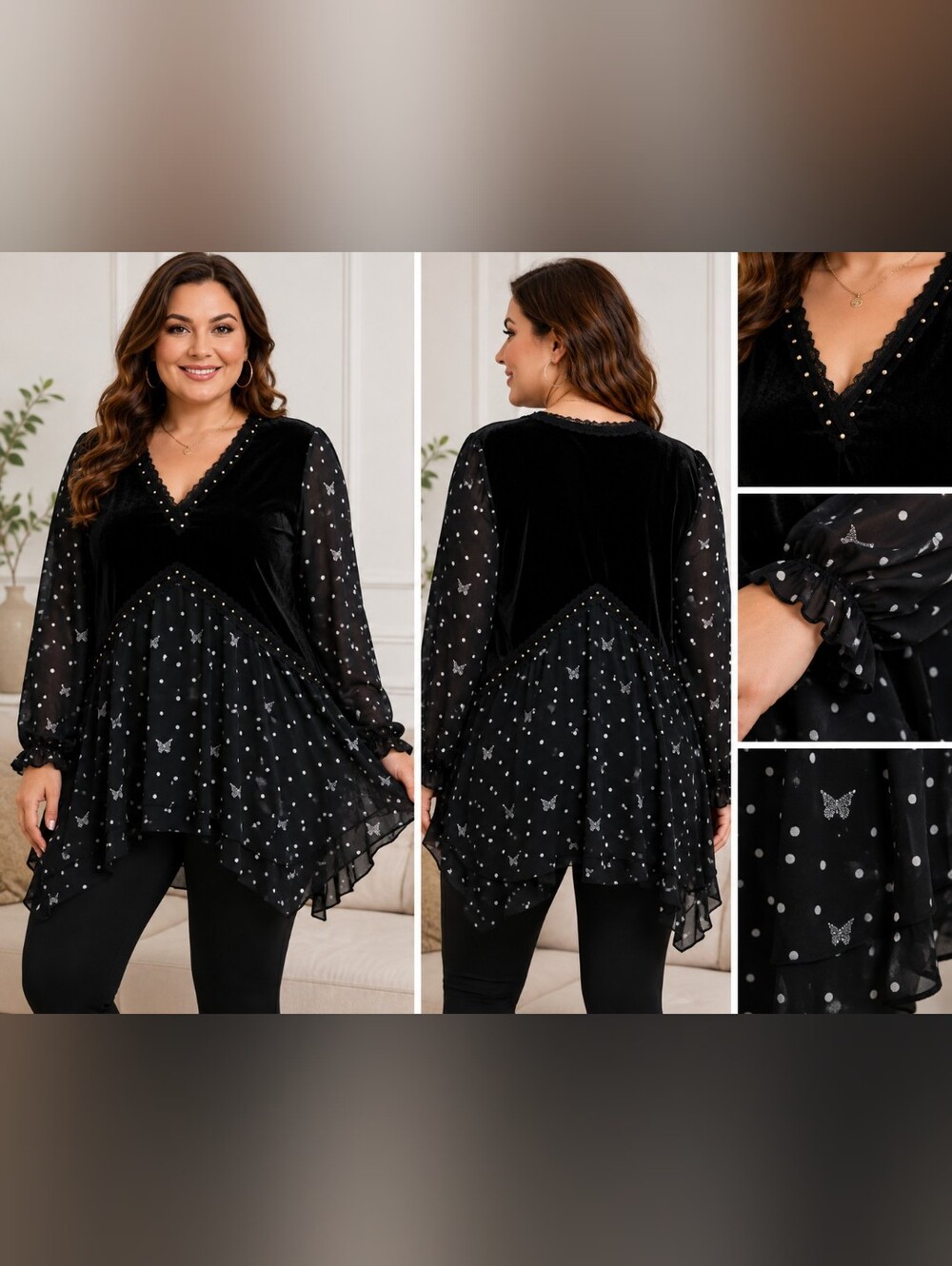 🖤 NWT Black Velvet Butterfly Polka Dot Tunic Top 2X - Picture 1 of 6
